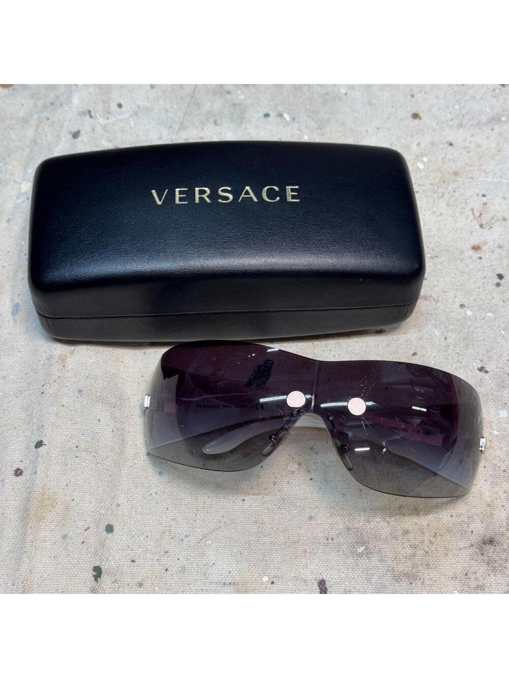 Vintage Y2K Versace White Enamel Rimless Shield Sunglasses with Case